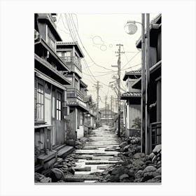 Tokyo In Japan, Ukiyo E Black And White Line Art Drawing 4 Canvas Print