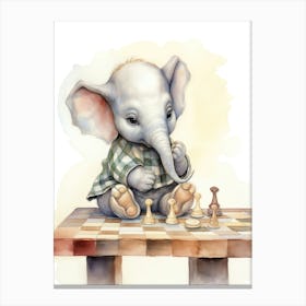 Elephant Painting Playing Chess Watercolour 1 Canvas Print