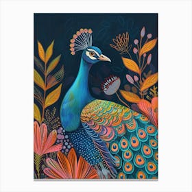 Folky Floral Peacock With The Leaves 2 Canvas Print