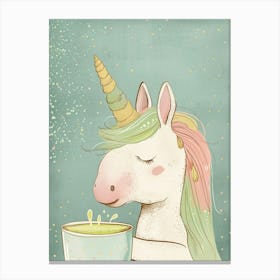 Pastel Storybook Style Unicorn Drinking A Matcha Latte 2 Canvas Print