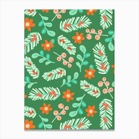 Green and Red Mistletoe and Winter Botanicals on Green Canvas Print