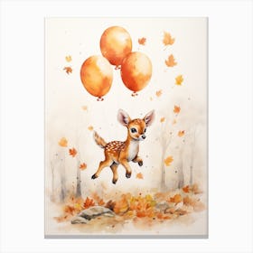 Deer Flying With Autumn Fall Pumpkins And Balloons Watercolour Nursery 4 Canvas Print