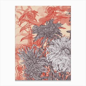 Abstract Botanical Fiddleheads and Dahlias in Coral and Mauve, Collage No.12623 - 06 Canvas Print