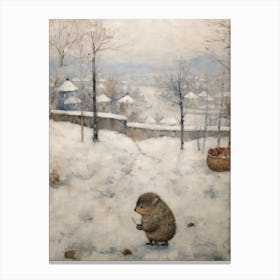 Vintage Winter Animal Painting Hedgehog Canvas Print