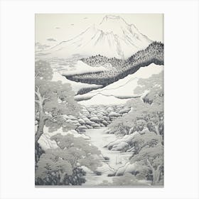 Mount Gassan In Yamagata, Ukiyo E Black And White Line Art Drawing 3 Canvas Print