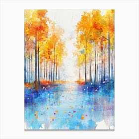 Watercolor Painting Of Autumn Landscape, Trees In Forest With Colorful Leaves In Fall Season Canvas Print