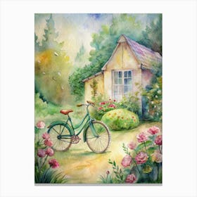 Watercolor Of A Bicycle In The Garden Canvas Print