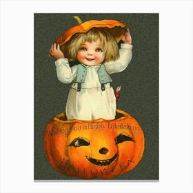 Cute Little Boy Is Coming From A Carved Pumpkin Canvas Print