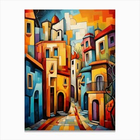 Streets of Fairytale II, Abstract Vibrant Colorful Painting in Cubism Style Canvas Print