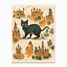 Black Cat In The Style Of A Medieval Map Canvas Print