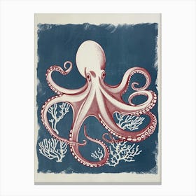 Retro Red Navy Octopus Linocut Style 1 Canvas Print