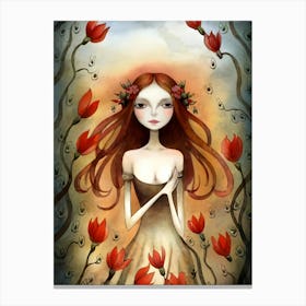 Girl With Red Roses Canvas Print