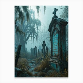 An Eerie Signboard Covered In Peeling Paint Sits Rusted At The Entrance Of An Abandoned Cemetery Shr (1) Canvas Print