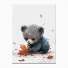 Sloth Bear Cub Playing With A Fallen Leaf Storybook Illustration 2 Canvas Print