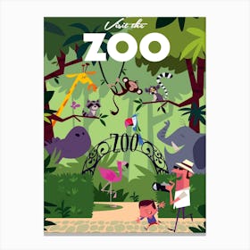 Visit The Zoo Poster Green Canvas Print