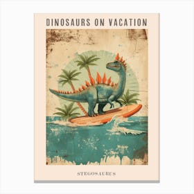 Vintage Stegosaurus Dinosaur On A Surf Board 3 Poster Canvas Print