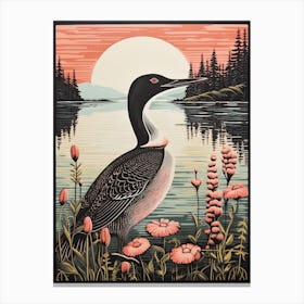 Vintage Bird Linocut Common Loon 2 Canvas Print