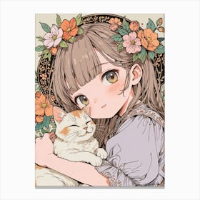 Anime Girl Hugging Cat Canvas Print