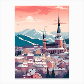Vintage Winter Travel Illustration Salzburg Austria 3 Canvas Print