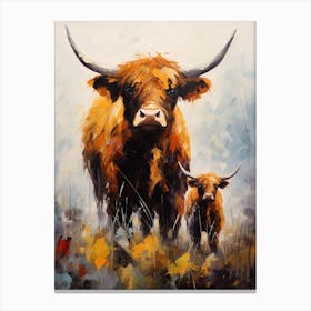 Dark Tones Impressionism Of Two Highland Cows 2 Canvas Print