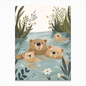 Sloth Bear Family Swimming In A River Storybook Illustration 3 Canvas Print