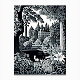 Nymphenburg Palace Gardens, Germany Linocut Black And White Vintage Canvas Print