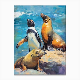 Galapagos Penguin Sea Lion Island Colour Block Painting 7 Canvas Print