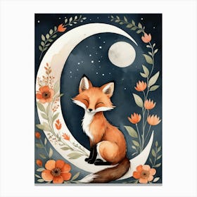 Floral Cute Fox Watercolor Moon Paining (8) Canvas Print