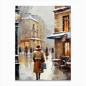 Paris cafes, winter season, Christmas, autumn oil colors, pale colors, pedestrians in the street, winter clothes, falling snow.10 Canvas Print