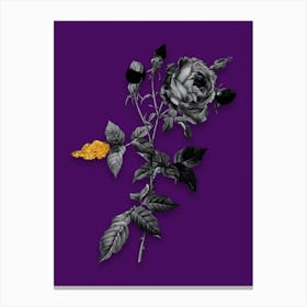 Vintage Provence Rose Black and White Gold Leaf Floral Art on Deep Violet Canvas Print