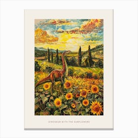 Dinosaur In A Sunflower Field Landscape Painting 1 Poster Canvas Print