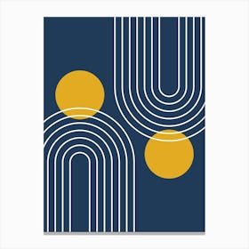 Mid Century Modern Geometric In Navy Blue And Mustard Yellow (Rainbow And Sun Abstract) 01 Canvas Print