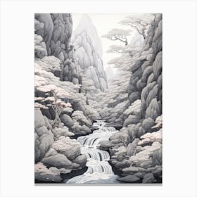 Shosenkyo Gorge In Yamanashi, Ukiyo E Black And White Line Art Drawing 1 Canvas Print