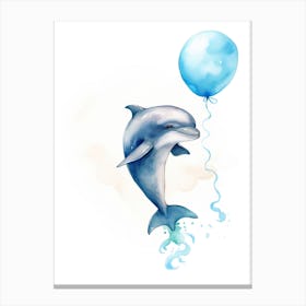 Baby Dolphin Flying With Ballons, Watercolour Nursery Art 4 Canvas Print
