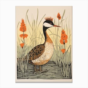 Vintage Bird Linocut Grebe 2 Canvas Print