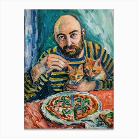 Portrait Of A Man With Cats Eating Pizza 1 Canvas Print