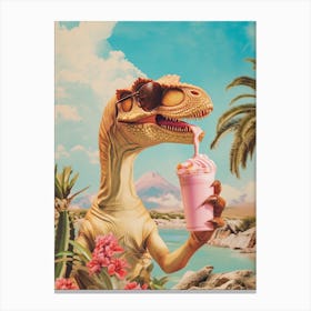 Dinosaur Drinking A Milkshake Retro Collage 3 Canvas Print