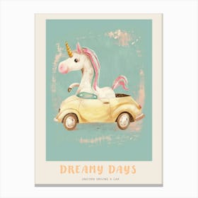 Storybook Style Unicorn Driving A Car Poster Canvas Print