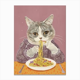Cute Grey White Cat Eating Pasta Folk Illustration 3 Canvas Print