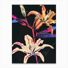 Neon Flowers On Black Lily 2 Canvas Print