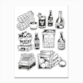 Groceries Black And White Line Art Canvas Print