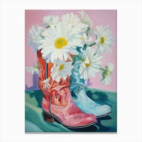 Oil Painting Of White Flowers And Cowboy Boots, Oil Style Canvas Print
