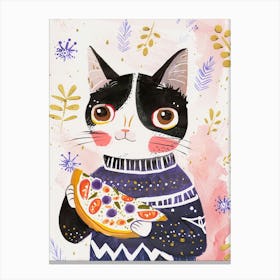 Happy Black And White Cat Eating Pizza Folk Illustration 4 Canvas Print