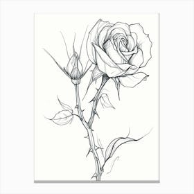 English Rose Black And White Line Drawing 30 Canvas Print