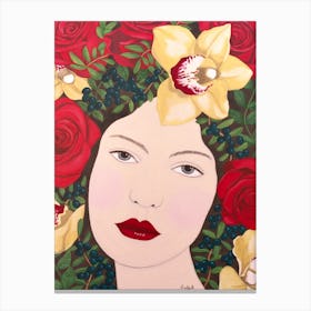 Woman With Orchid And Roses Canvas Print