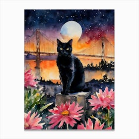 A Black Cat in San Francisco Bay by The Golden Gate Bridge on a Full Moon Iconic California USA Traditional Watercolor Art Print Cityscape Kitty Travels Home and Room Wall Art Cool Decor Klimt and Matisse Inspired Modern Awesome Cool Unique Pagan Witchy Witches Familiar Gift For Cats Lady Animal Lovers World Travelling Genuine Works by British Watercolour Artist Lyra O'Brien Canvas Print