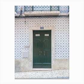 The green door nr 13 in Alfama, lisbon Portugal - summer street vintage travel photography by Christa Stroo Canvas Print