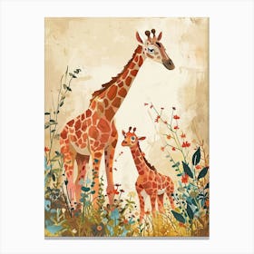 Mother Giraffe & Calf Colourful Illustration 2 Canvas Print