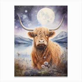 Watercolour Of Highland Cow In The Lake At Night Canvas Print