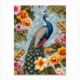 Peacock With Tropical Flowers Wallpaper Canvas Print